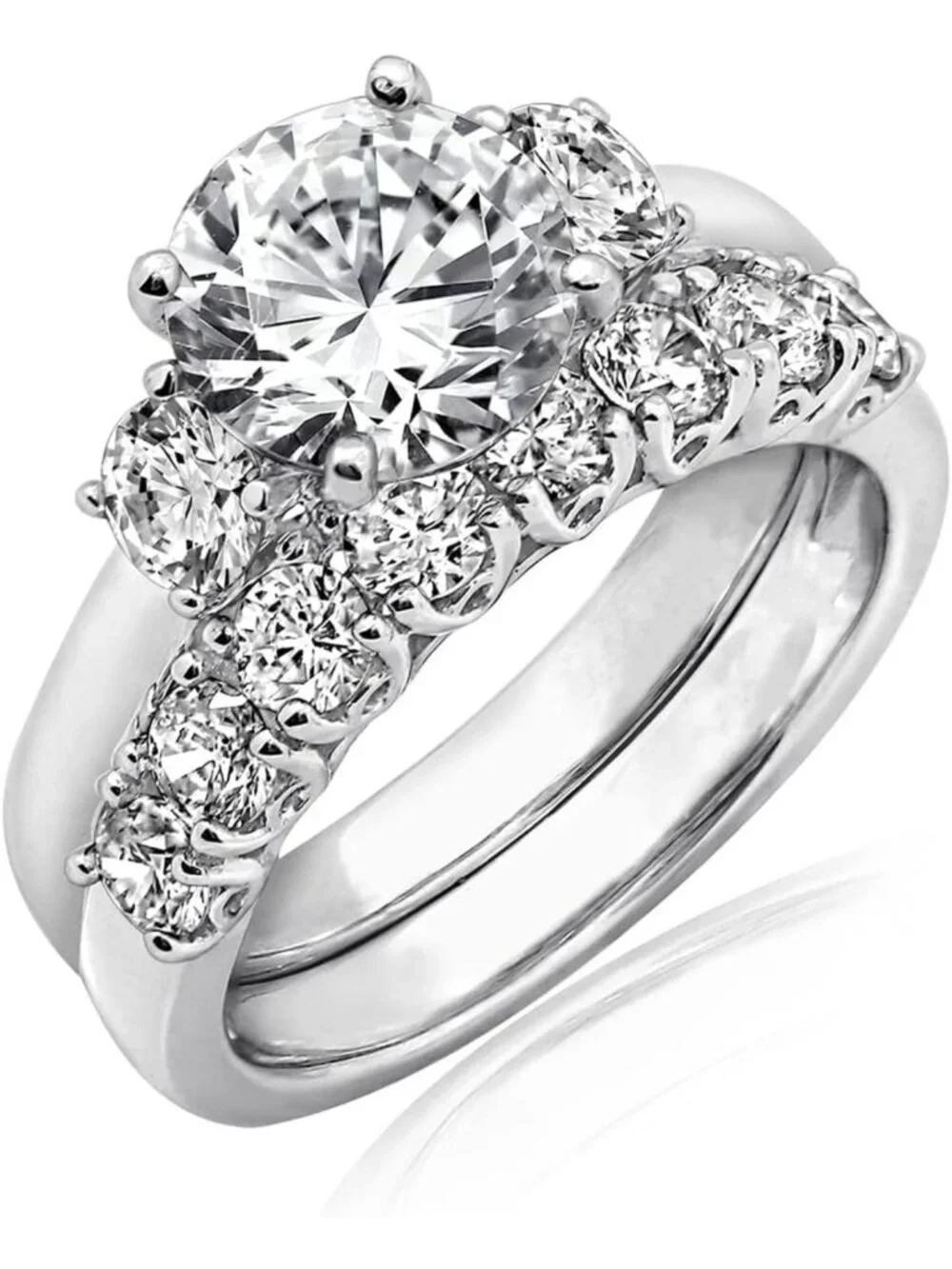 Sterling Silver Platinum Plated Three Stone Ring with Cubic Zirconia Sparkle